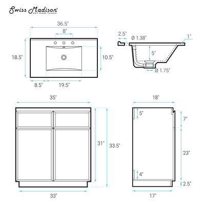 St. Tropez 36" Freestanding Bathroom Vanity in White Oak with 3-Hole Widespread Sink Top