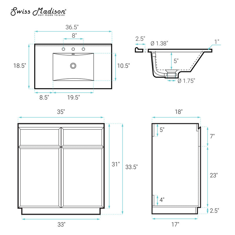 St. Tropez 36" Freestanding Bathroom Vanity in White Oak with 3-Hole Widespread Sink Top