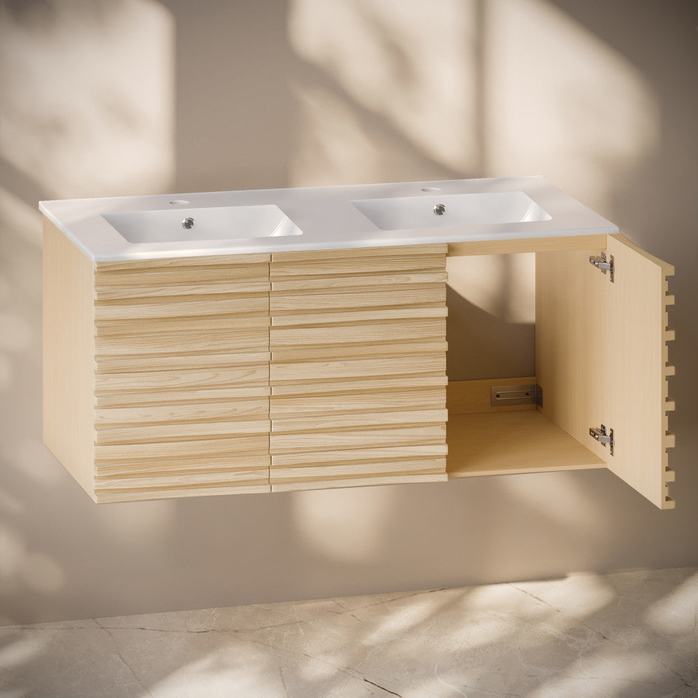 Cascade 48" Wall-Mounted Bathroom Vanity in Natural Oak with Double Basin Sink Top