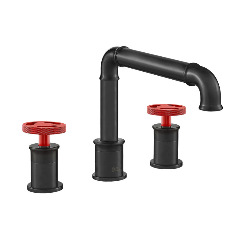 Avallon 8 in. Widespread, 2-Handle Wheel, Bathroom Faucet in Matte Black with Red Handles
