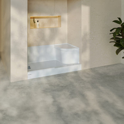 Aquatique 60" x 32" Single Threshold Shower Base With Left Hand Drain and Integral Right Hand Seat in White