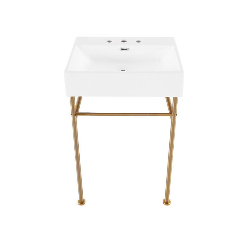 Claire 24" Console Sink White Basin Brushed Gold Legs with 8" Widespread Holes