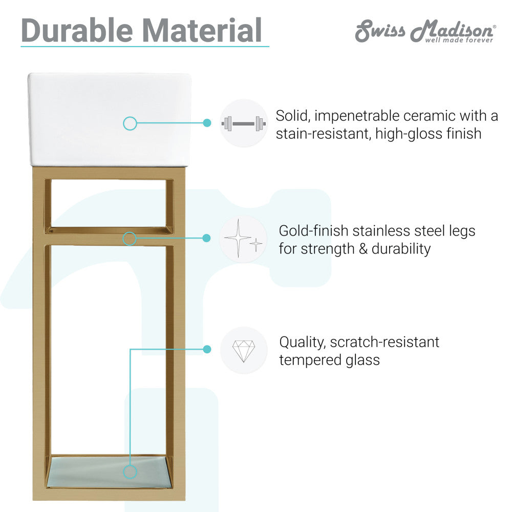 19.5-inch wall-mount bathroom vanity with open shelf, gold metal frame, and ceramic white top.