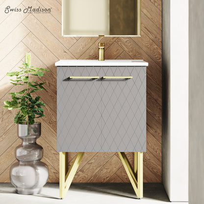 24-inch freestanding bathroom vanity in diamond gray, single sink, soft-close doors, gold angled legs.