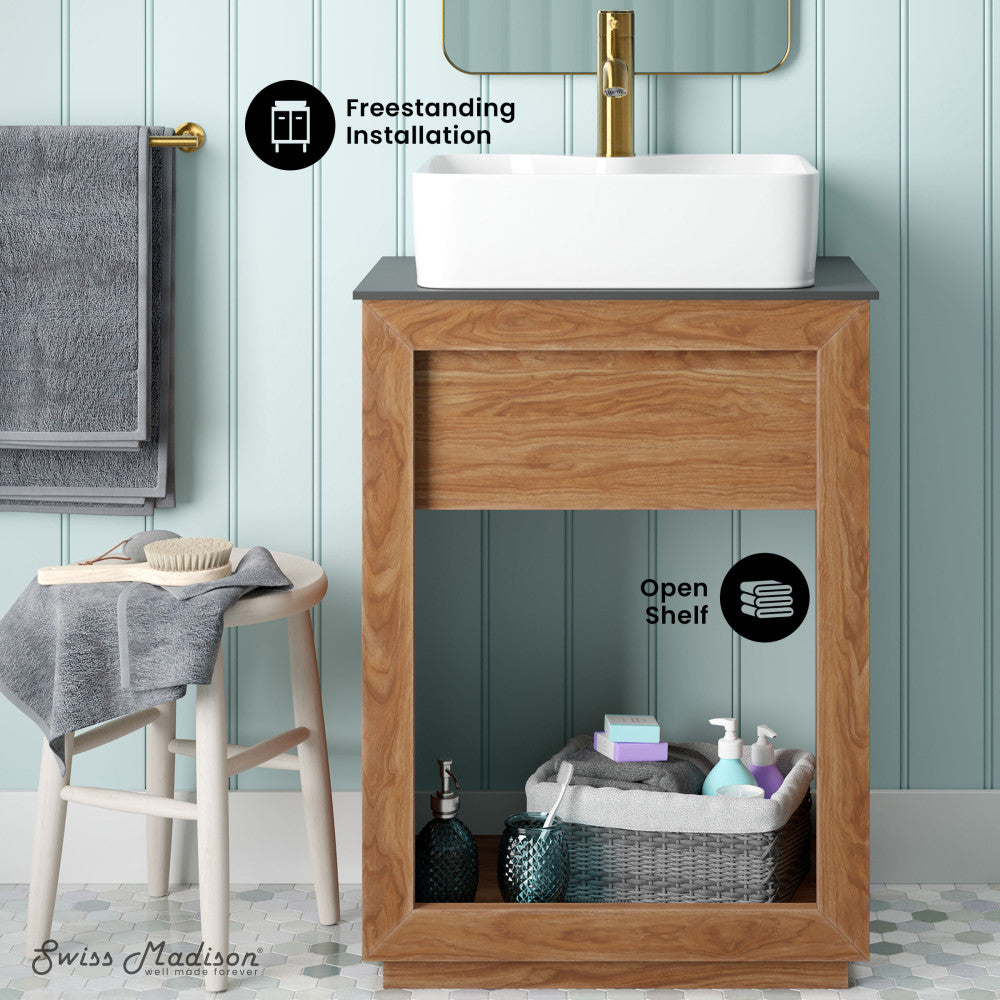24-inch freestanding bathroom vanity in natural teak with slate countertop and single hole vessel sink, open shelf.