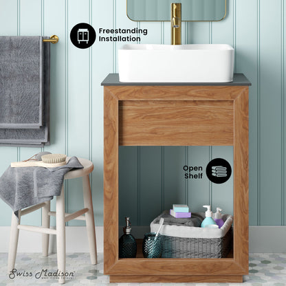 24-inch freestanding bathroom vanity in natural teak with slate countertop and single hole vessel sink, open shelf.