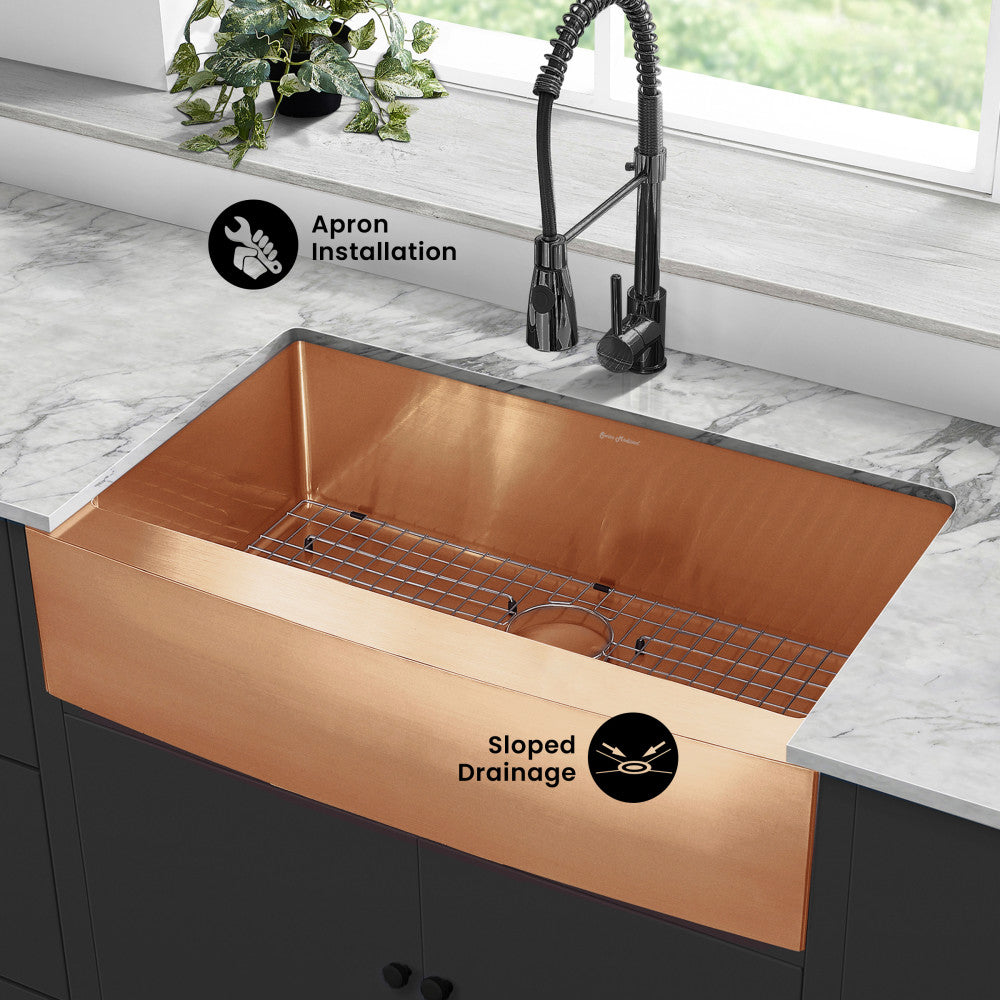 Rivage 36 x 21 Stainless Steel, Single Basin, Farmhouse Kitchen Sink with Apron in Rose Gold