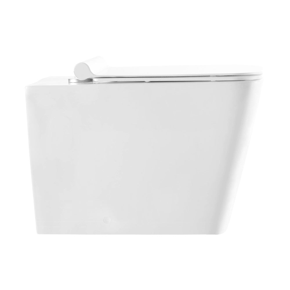Back-to-wall square toilet bowl with compact design and soft-close seat.