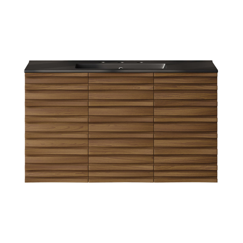 Cascade 36" Wall-Mounted Bathroom Vanity in Brown Oak with Black 3-Hole Widespread Sink Top