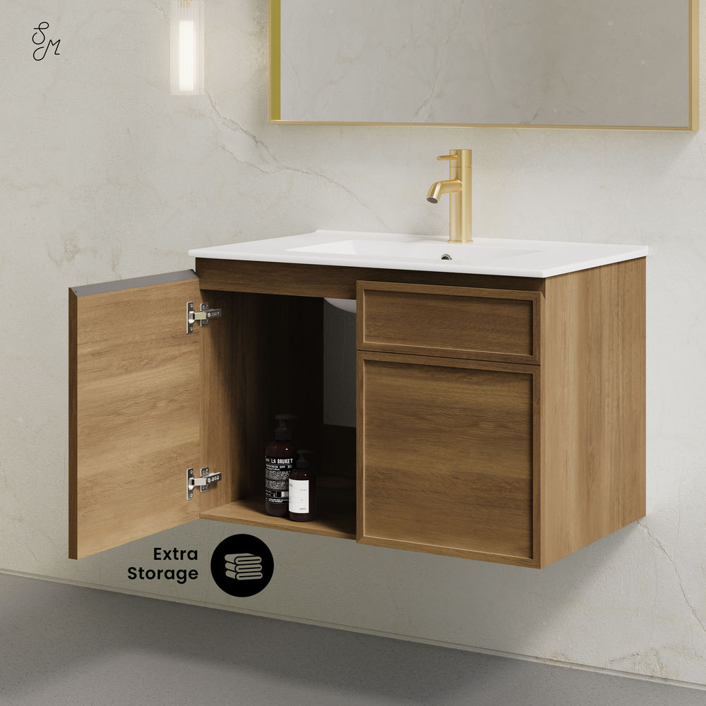 St. Tropez 30" Wall-Mounted Bathroom Vanity in Brown Oak with Sink Top