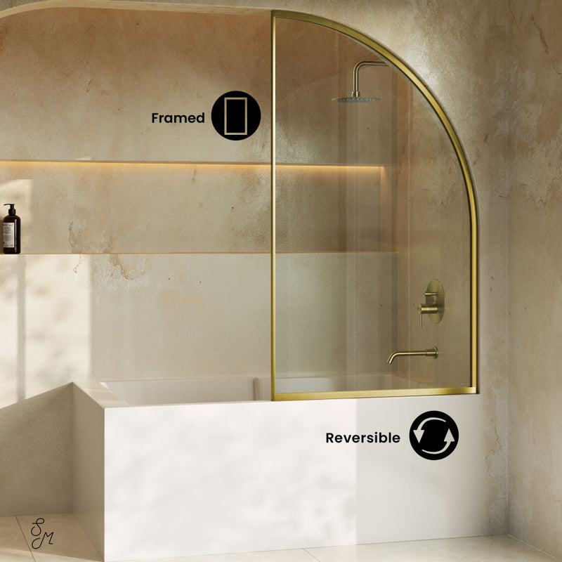 Demi 34 x 58 Framed Fixed 3/8 in. (10mm) Clear Tempered Glass Tub Door with Gold Brushed Frame
