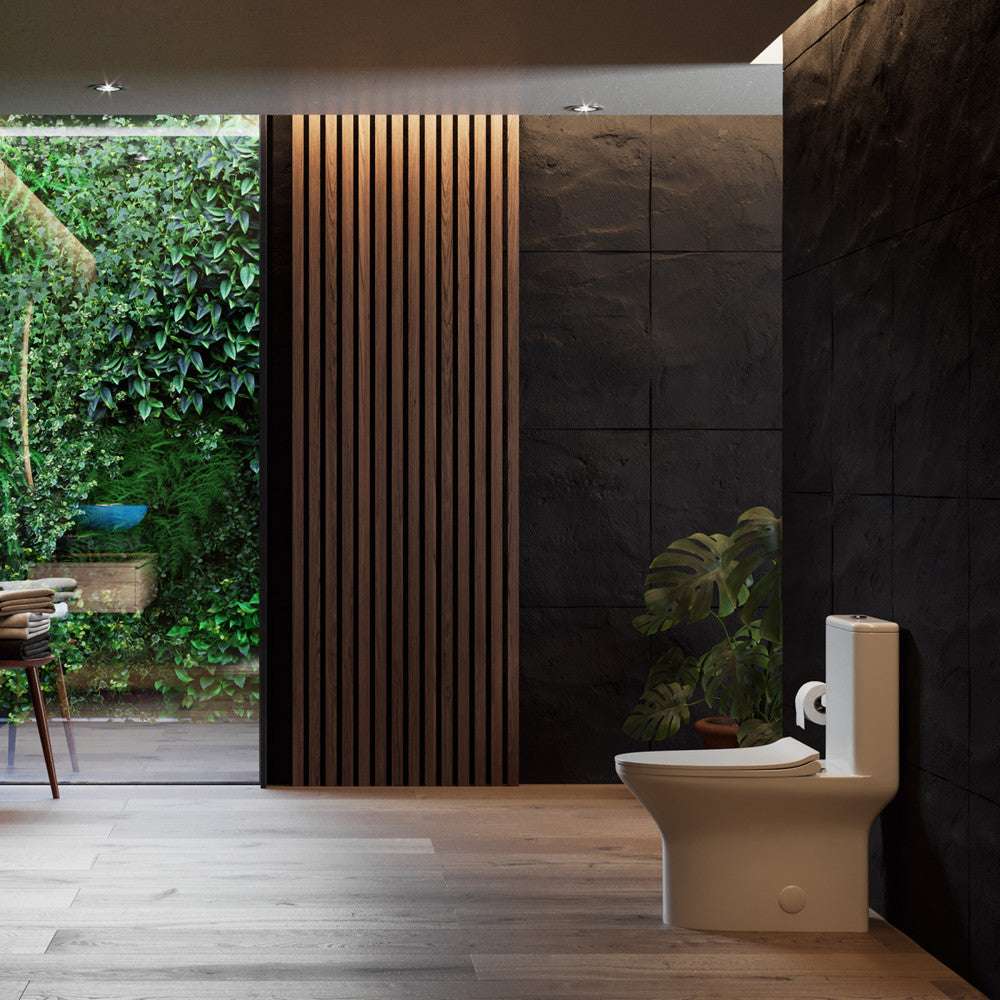 Elongated one-piece toilet in white with dual-flush system, compact design.