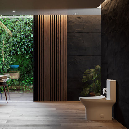 Elongated one-piece toilet in white with dual-flush system, compact design.