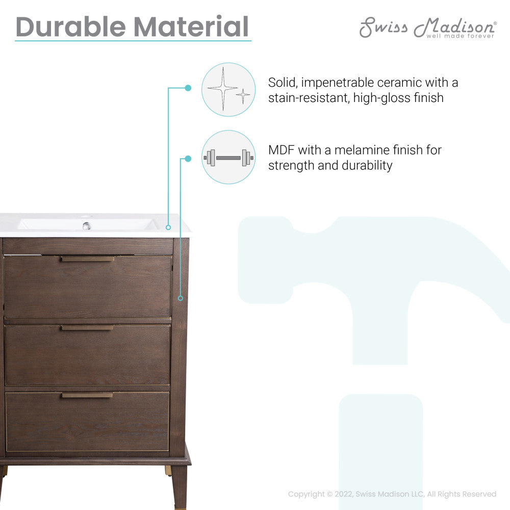 24-inch freestanding brown oak bathroom vanity with single sink and soft-close doors.
