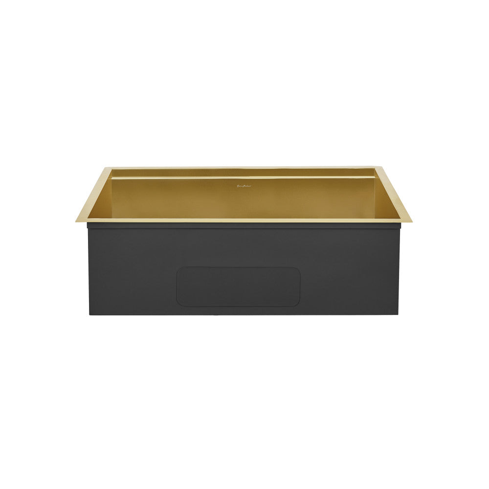 32" undermount kitchen sink in polished gold, 18 gauge stainless steel, rectangular design.