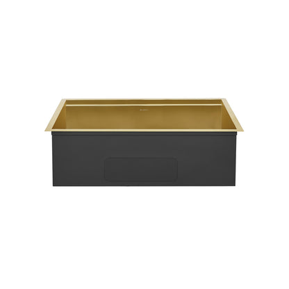 32" undermount kitchen sink in polished gold, 18 gauge stainless steel, rectangular design.
