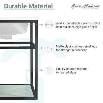 24-inch wall-mount bathroom vanity with metal frame and open lower glass shelf in black.