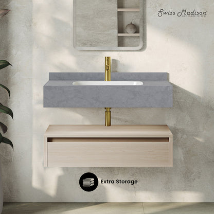 Avancer 36" Wall-Mounted Bathroom Vanity in White Oak with Charcoal Gray Sink Top