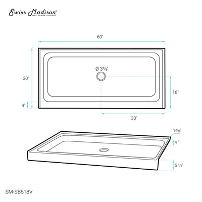 Voltaire 60" x 30" Single-Threshold, Center Drain, Shower Base in Biscuit