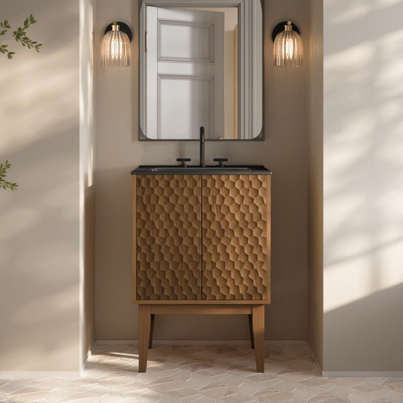 Bosse 24" Freestanding Bathroom Vanity in Brown Oak with Black 3-Hole Centerset Sink Top