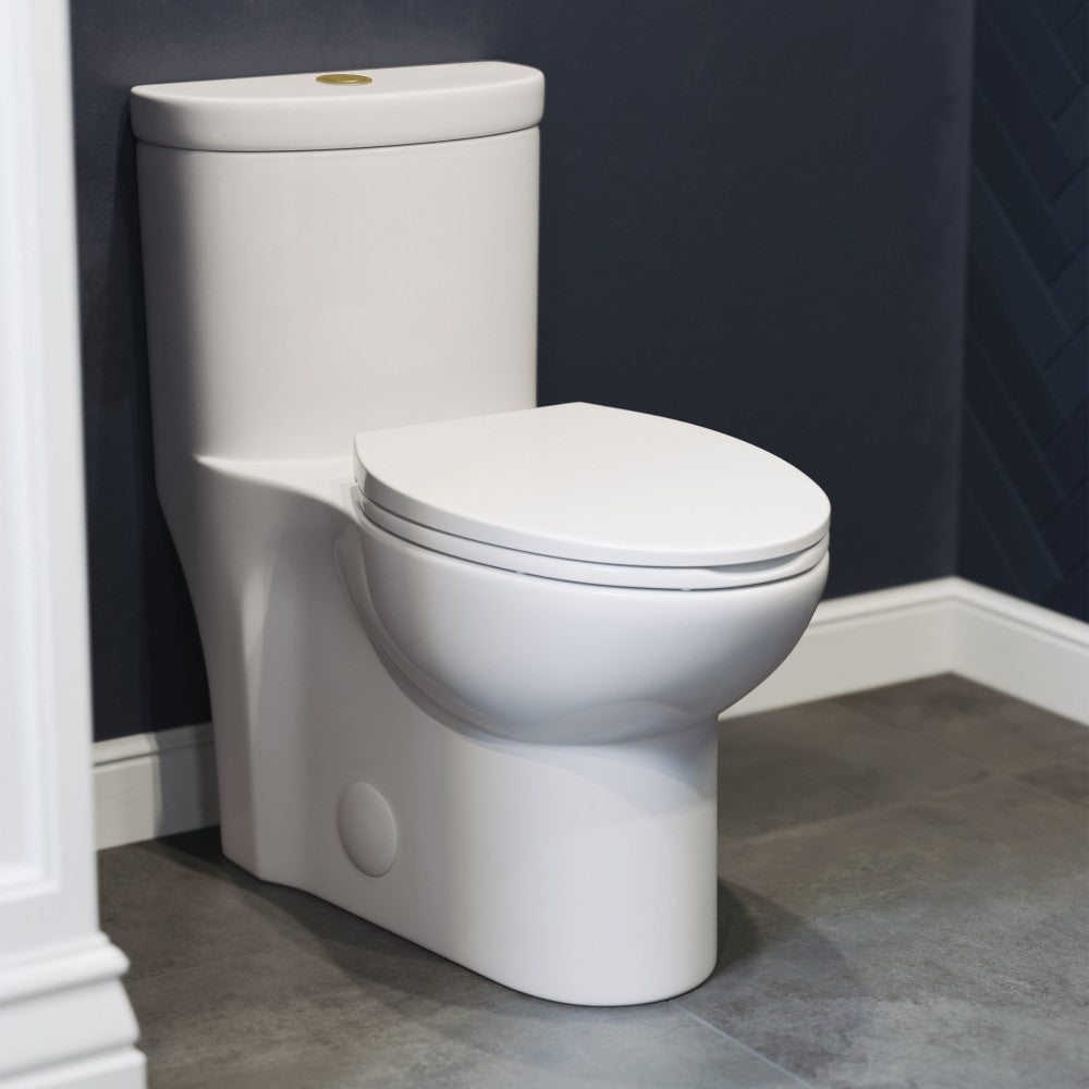 Elongated one-piece toilet with dual flush and brushed gold hardware, compact design.