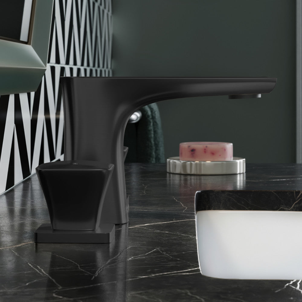 Widespread bathroom faucet in matte black, 2-handle design with sleek, angular spout and base.