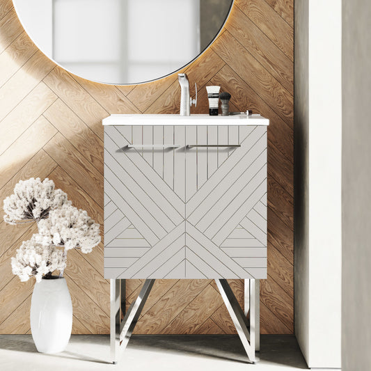 24-inch freestanding bathroom vanity in greige with single sink and soft-close doors.