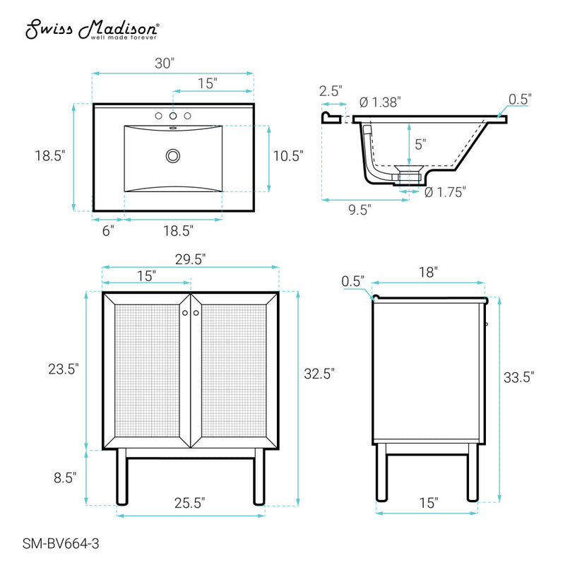 Classe 30" Freestanding Bathroom Vanity in Golden Oak with 3-Hole Widespread Sink Top