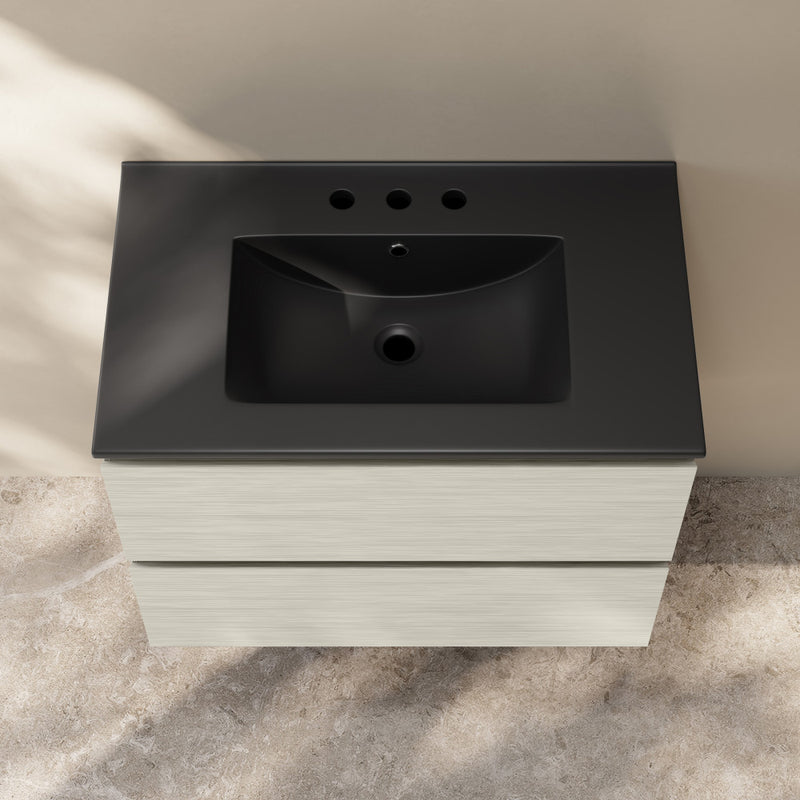 Liberte 30" Wall-Mounted Bathroom Vanity in White Oak with Black 3-Hole Widespread Sink Top