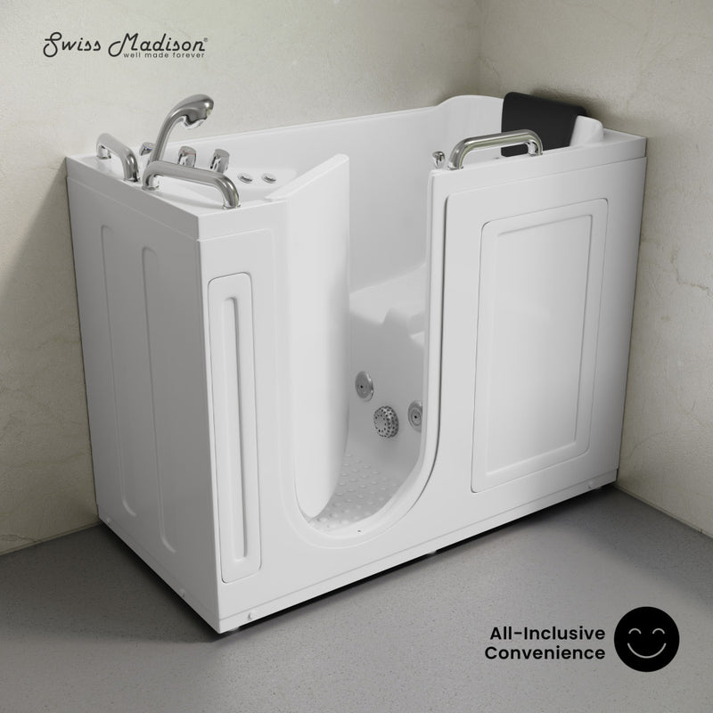 Auvergne 53" x 27" ADA Left Drain Walk-in Soaking Bathtub with Massage Jets in Glossy White, Faucet Set, Drain, Grab Bars, Pillow Included