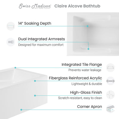 Claire 60" x 32" Right-Hand Drain Drain Alcove Tub with Corner Apron