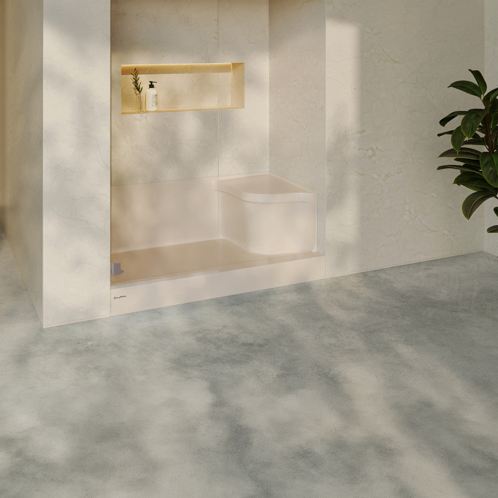 Aquatique 60" x 32" Single Threshold Shower Base With Left Hand Drain and Integral Right Hand Seat in Biscuit