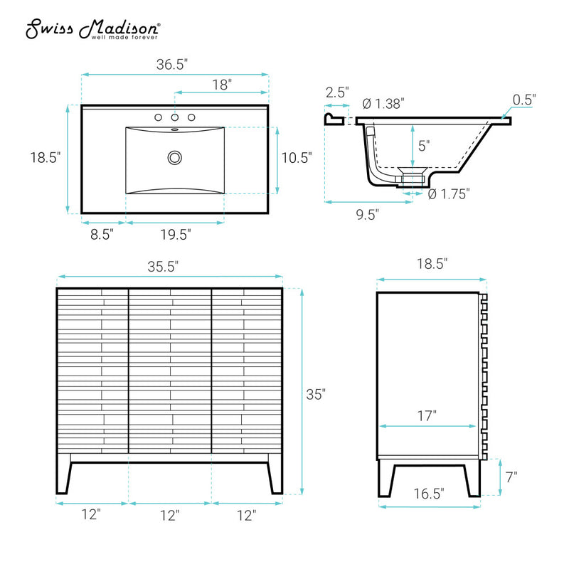 Cascade 36" Freestanding Bathroom Vanity in Green Oak with 3-Hole Widespread Sink Top