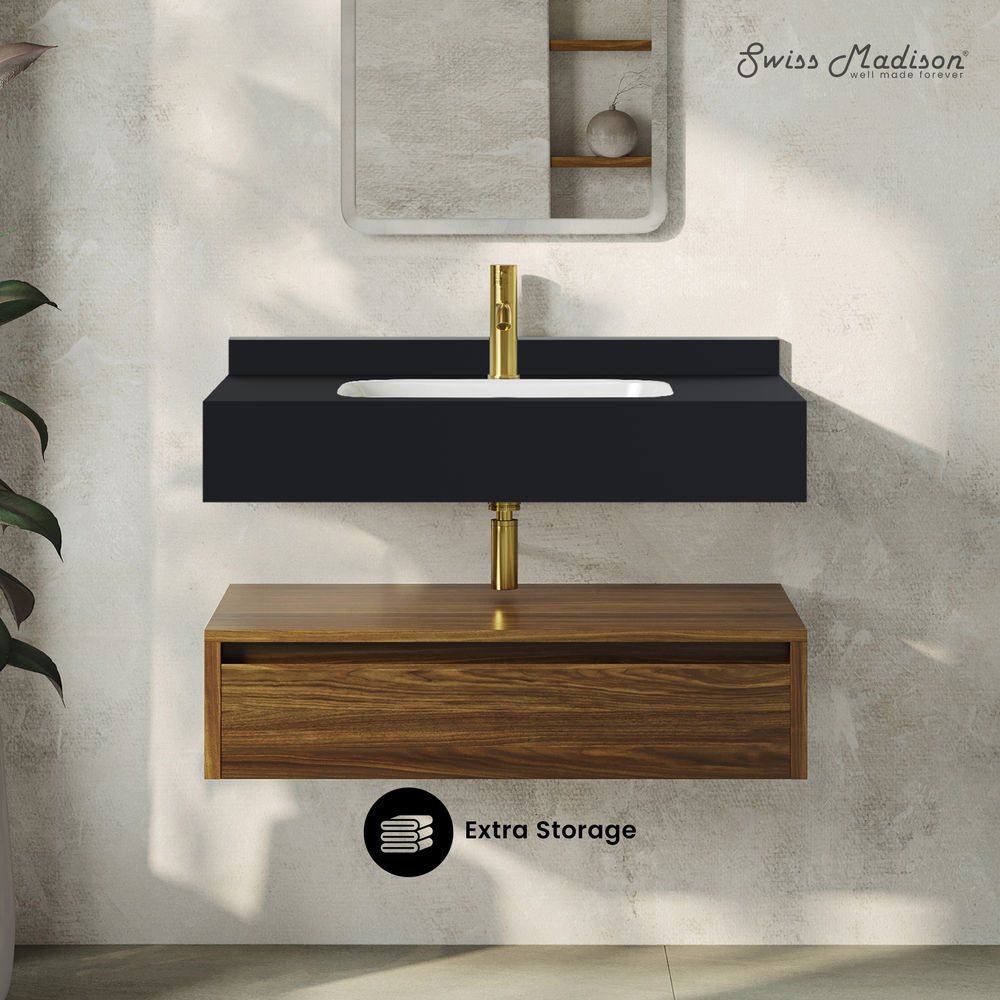 Avancer 36" Wall-Mounted Bathroom Vanity in Brown Oak with Black Marble Sink Top