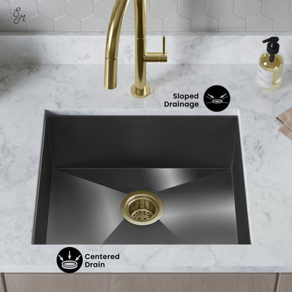 21 x 18 black stainless steel undermount single basin kitchen sink with centered drain and sloped design.