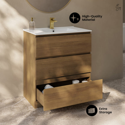 Liberte 30" Freestanding Bathroom Vanity in Brown Oak with Sink Top