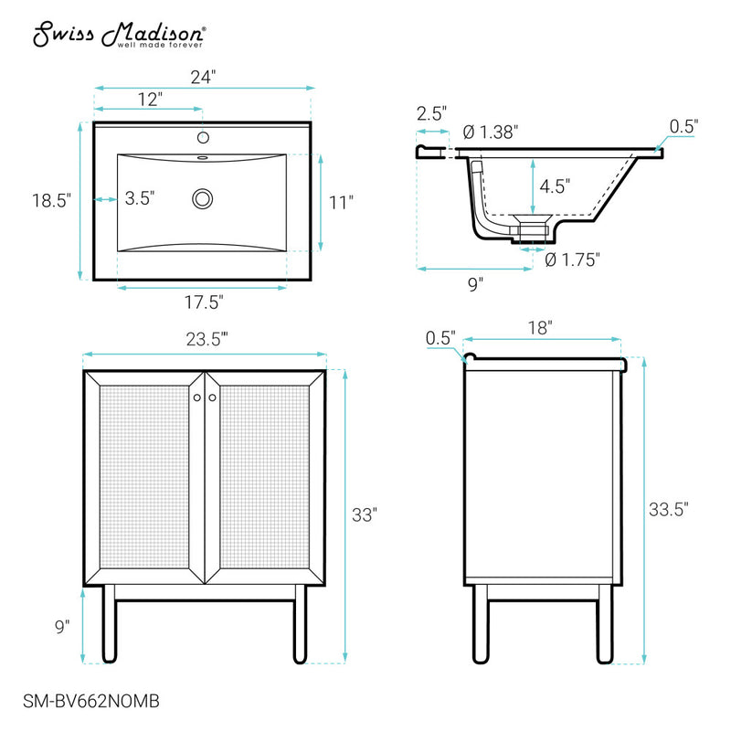 Classe 24" Freestanding Bathroom Vanity in Natural Oak with Black Sink Top