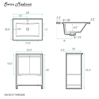 Marseille 24 in. White Bathroom Vanity With Black Ceramic Sink Top