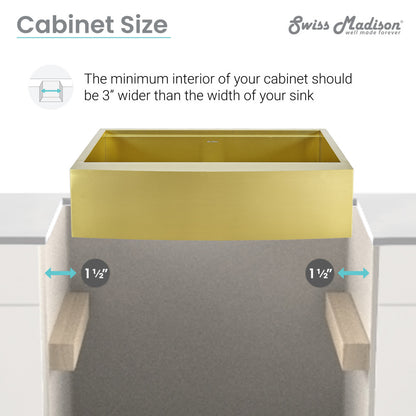 33 x 22-inch gold stainless steel farmhouse kitchen sink with apron front, single basin workstation style.