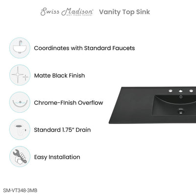 48" 3-Hole Widespread Vanity Sink Top in Matte Black