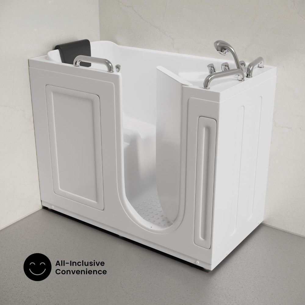 Auvergne 53" x 27" ADA Right Drain Walk-in Soaking Bathtub in Glossy White, Faucet Set, Drain, Grab Bars, Pillow Included