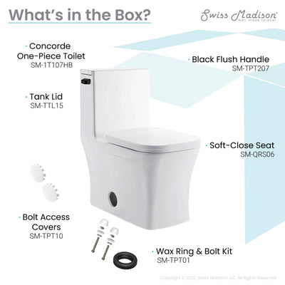 Concorde One-Piece 12" Rough-in 1.28 GPF Left-Hand Flush Square Toilet in Glossy White with Black Hardware