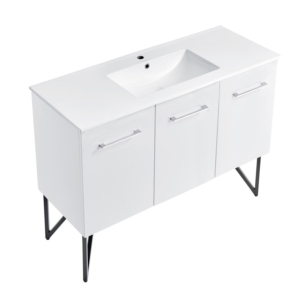 48-inch freestanding white bathroom vanity with single sink and three-door cabinet, metal legs.