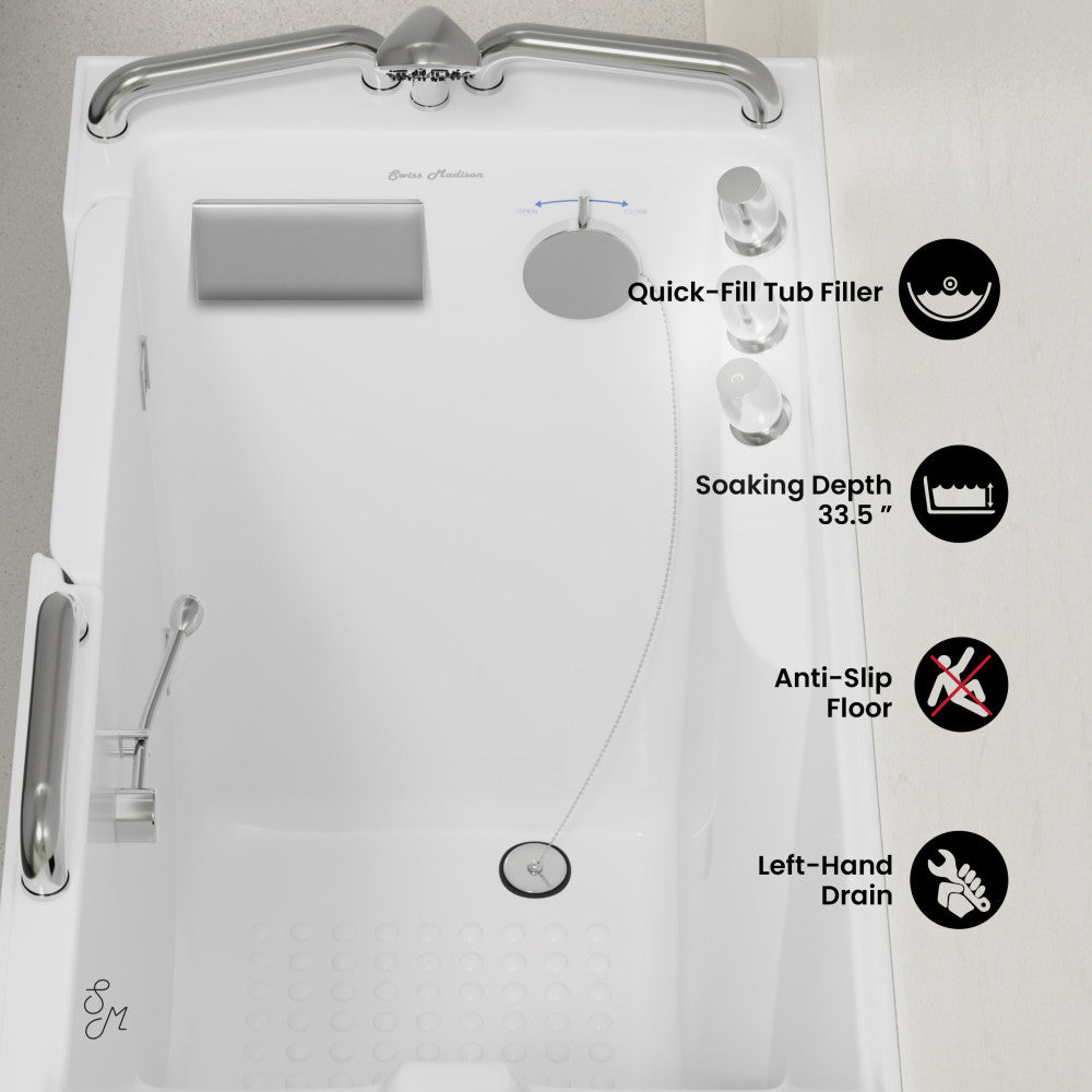 Auvergne 53" x 27" ADA Left Drain Walk-in Soaking Bathtub in Glossy White, Faucet Set, Drain, Grab Bars, Pillow Included