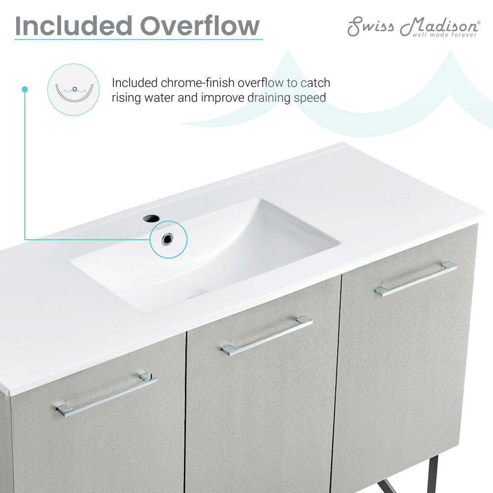 48-inch freestanding gray bathroom vanity with single integrated sink and chrome handles.