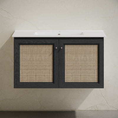 Classe 36" Wall-Mounted Bathroom Vanity in Black Oak with Single Faucet Hole Vanity Top