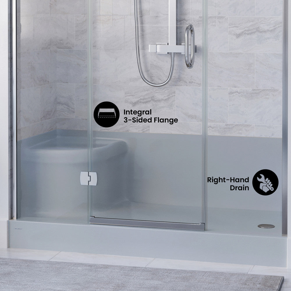 Aquatique 60" x 32" Single Threshold Shower Base With Right Hand Drain and Integral Left Hand Seat in Gray