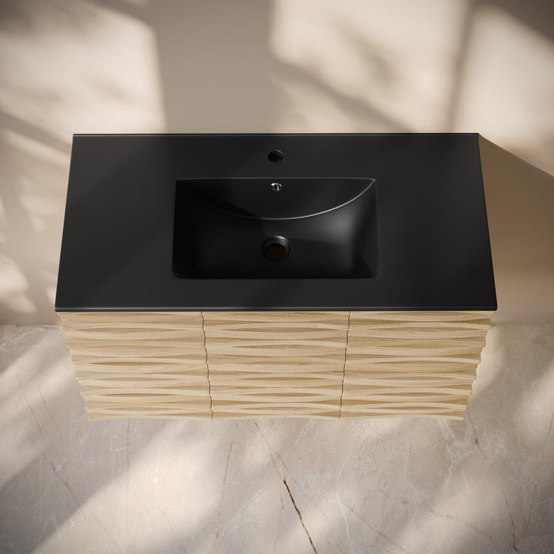 Cascade 36" Wall-Mounted Bathroom Vanity in Natural Oak with Black Sink Top