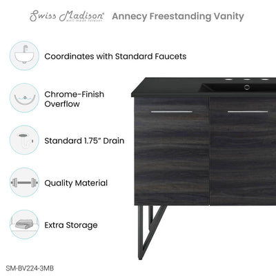 Annecy 48 in. Black Walnut Bathroom Vanity With Black, 3-Hole Ceramic Sink Top