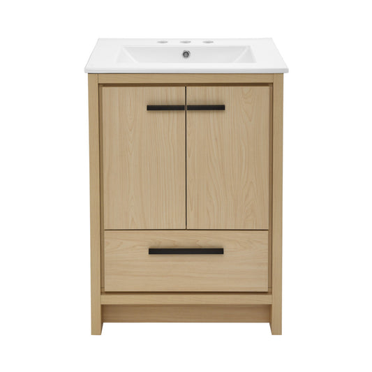Virage 24 in. Brown Oak Bathroom Vanity With White, 3-Hole Ceramic Sink Top